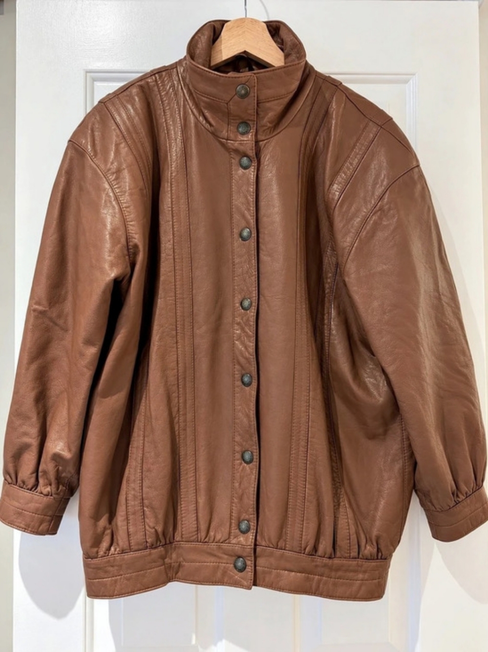 Vintage BAGATELLE Funnel Collar Leather Oversized Bomber Jacket Cognac Brown S/M